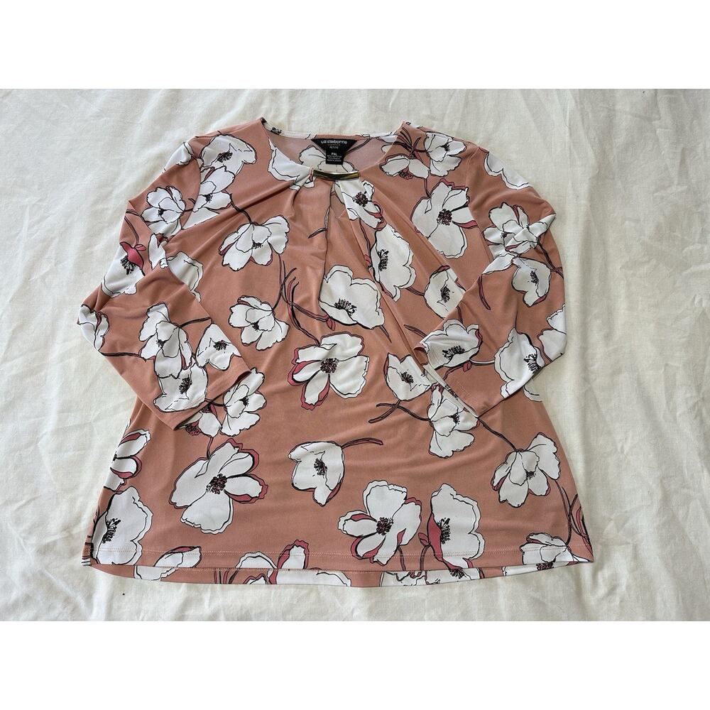 Liz Claiborne Career Petite Blouse PXL | Floral Print Pink Keyhole Top